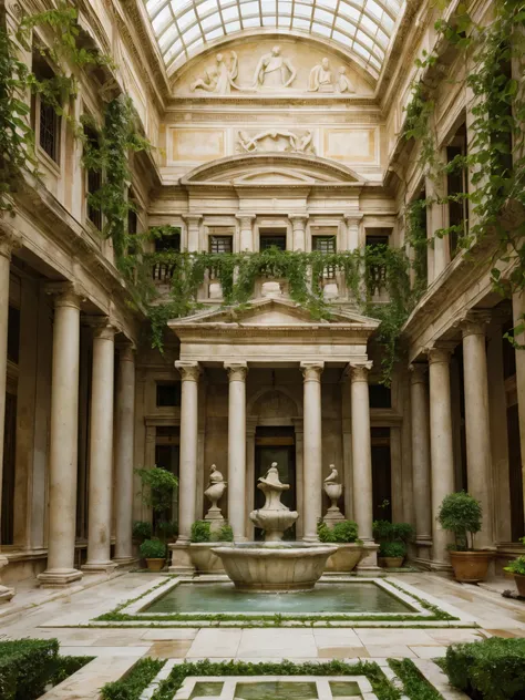 a roman villa's atrium garden lush with ivy-draped marble columns, a burbling fountain, and vivid frescoes depicting scenes from...