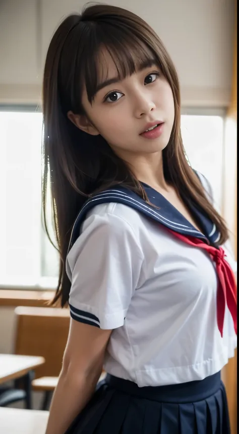 (table top, highest quality:1.2), 8k, official art, RAW photo, incredibly ridiculous, (sailor suit, serafuku:1.4), beautiful girl, idol face, turn back, navy pleated skirt, school uniform, short sleeve, gardenia, violaces, , classroom, looking at the viewe...