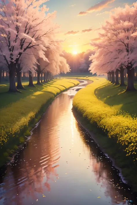 (best quality,8k,highres,masterpiece:1.2),ultra-detailed,sunset,the cherry blossom-lined avenue, the beautiful yellow of rape flowers on the bank, the stream, the breeze, the butterflies fly,