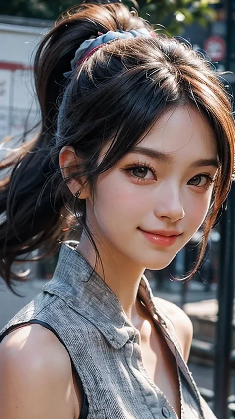 Sleeveless, Ponytail, Japan Girls, 8K, LAW Photos, Top Quality, Masterpiece, Realistic, Photorealistic Super Detail, One Girl, Cute, Best Smile, Beautiful Eyes, Long Hair, Perfect Facial Features,