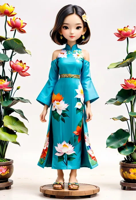 (Blind Box Spielzeug Stil:1.2),full body, solo,white background,(1 Beautiful girl Models,shoulder length straight bob hair,Maxi floral Ao Dai,Standing on a round wooden base,lotus,slippers),(Oriental elements,Vietnam color,Very colorful)