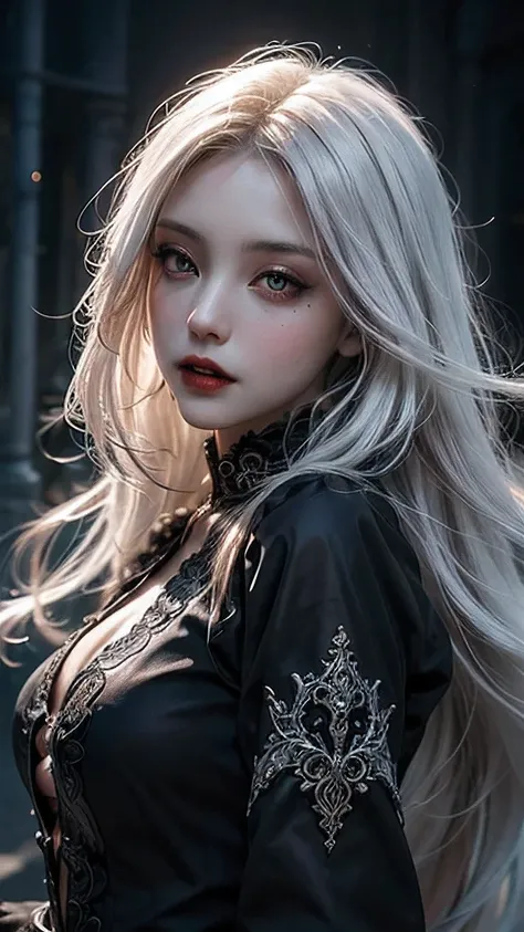 Insanely detailed photograph of a gorgeous vampire woman, goth Renaissance, long voluminous white hair, intricate white  eyes, fantastical, vampire, ethereal, hyperdetailed, 32k resolution, dynamic lighting, hyperdetailed, intricately detailed, trending on...