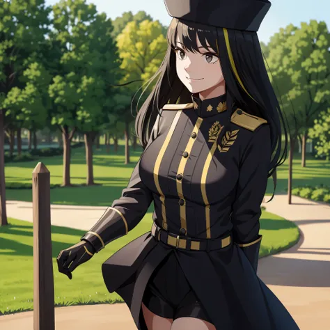 A woman wearing a black marching band uniform with gold details, a black marching band hat, in a park, smiling. black hair.