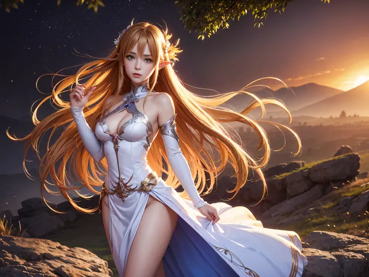 A graceful elf girl stands in a meadow, her delicate features illuminated by the soft light of the setting sun. Her long, flowing hair cascades down her back, adorned with intricate braids and adorned with sparkling jewels. This stunning painting captures ...