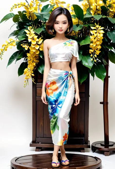 (Blind Box Spielzeug Stil:1.2),full body, solo,white background,(1 Beautiful girl Models,shoulder length straight bob hair,Maxi floral Thai silk sarong,Standing on a round wooden base,laburnum,slippers),(Oriental elements,Thailand color,Very colorful)