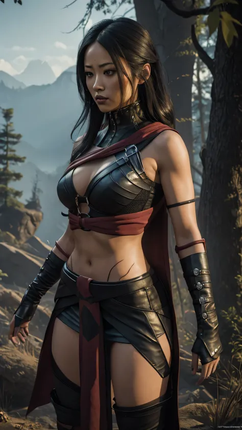 ((Karen Fukuhara)) as sareenamk1 from Mortal Kombat, red eyes, black sclera, (two-tone hair, white streaked hair), bangs, scar, black crop top, o-ring, gloves, midriff, cleavage, loincloth, stockings, high heels, make-up, standing, red sky, woods, seductiv...