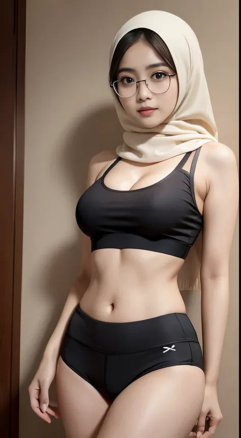 (iu:0.8),cleavage, RAW, Best quality, high resolution, Masterpiece: 1.3, Beautiful glasses hijabi javanese girl wearing sports_bra and thighshort, Masterpiece, Soft smile