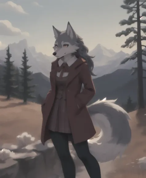 1girl, solo, masterpiece, body fur, fluffy, furry, clothes, outfit, outdoors, scenery, medium shot, wolf anthro, breasts