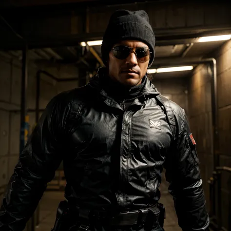 Latin skin men with costume of terminator character wearing winter hat covering entire head and half robot face:: rifle gun and sunglasses