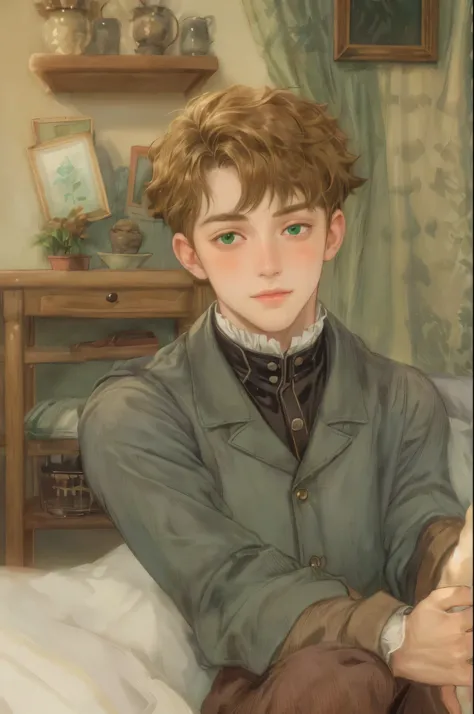 ((Best quality)), ((masterpiece)), (detailed), ((perfect face)), ((halfbody)) handsome face, male, teen boy, perfect proportions , short hair ((character from anne of green gables male version)) detailed interior, cozy home