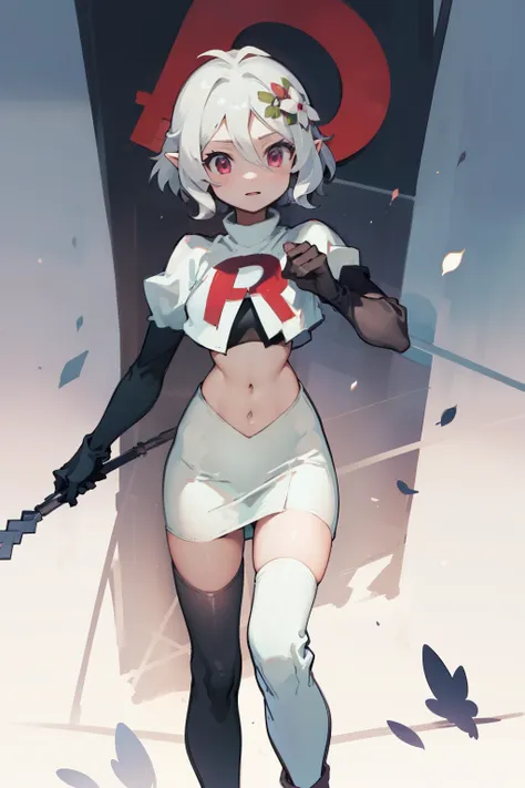 kokkoro,team rocket,team rocket uniform,white skirt,red letter r,crop top,black thigh-highs,black elbow gloves