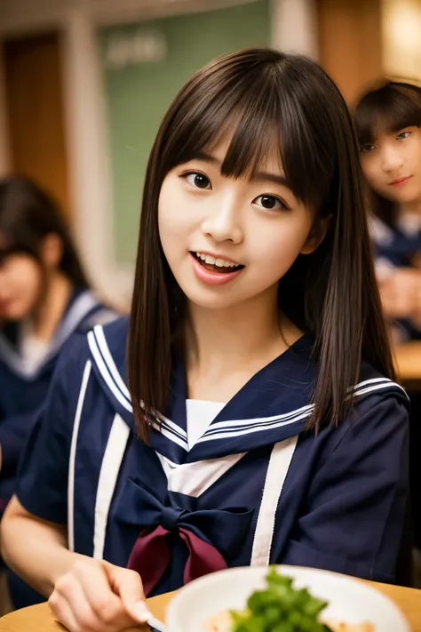 (table top, highest quality:1.2), 8k, official art, RAW photo, black hair、bangedium straight hair、slightly longer bob hair、smile, (sailor suit, serafuku:1.4), beautiful girl, idol face, turn back, navy pleated skirt, school uniform, short sleeve, gardenia,...