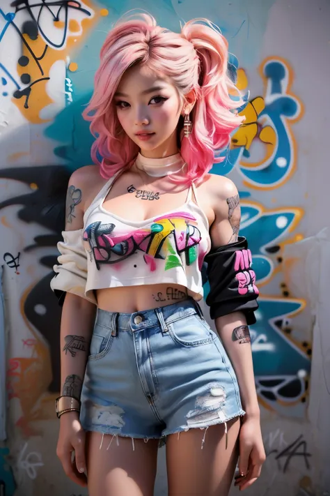 (Highest picture quality), (Masterpiece), (Lively, Realistic photography, realistic, Amazing, dark, Sharp focus, 8k), Full color drawing of korean girl hip hop, hip hop, hip hop, hip hop, mini skirt jeans, rap (((Graffiti art))), in the sea background, Cra...