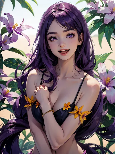 purple hair,  a girl laughing, open mouth, background full of mangos, plumeria flowers ,