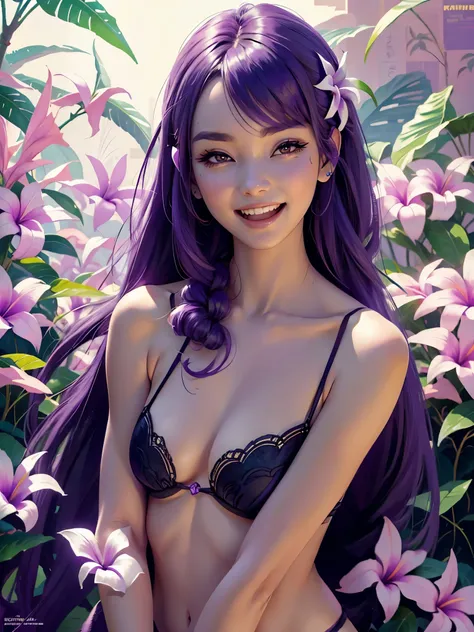 purple hair,  a girl laughing, open mouth, background full of mangos, plumeria flowers ,