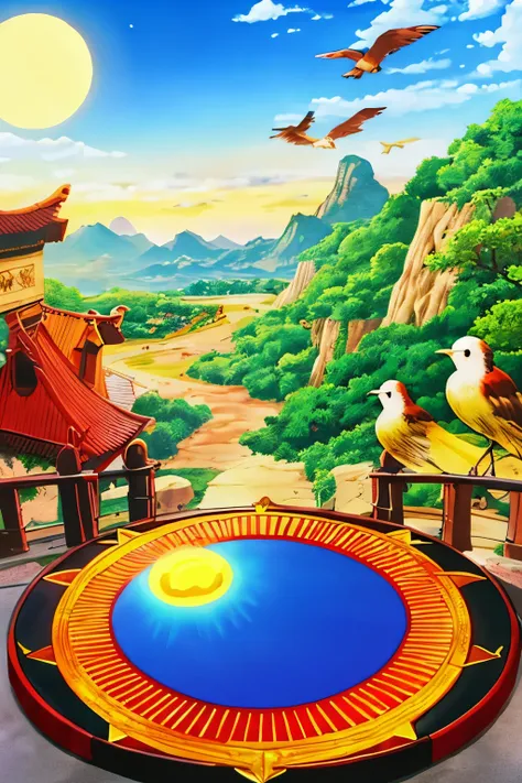 best quality, birds, mountains, bright big sun, peace, prayer, everyone waving to the sky, (dragon ball)