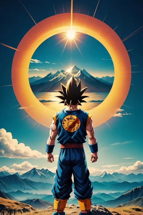 best quality, birds, mountains, bright big sun, peace, prayer, everyone waving to the sky, (dragon ball)