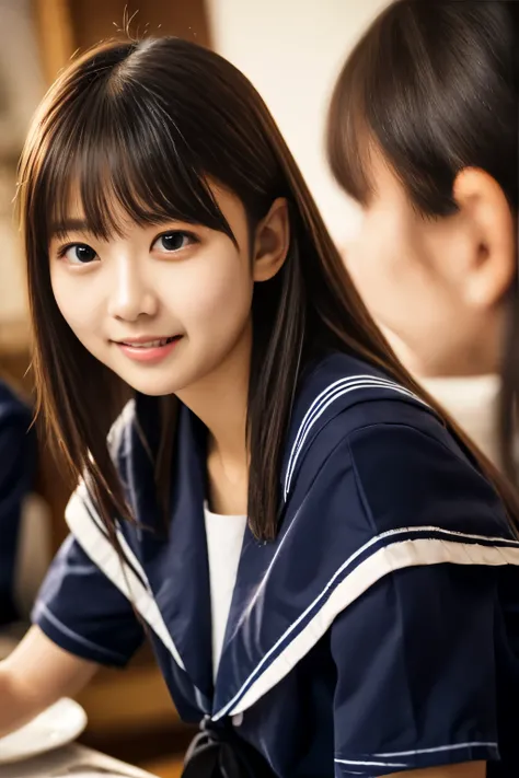 (table top, highest quality:1.2), 8k, official art, RAW photo, black hair、bangedium straight hair、slightly longer bob hair、smile, (sailor suit, serafuku:1.4), beautiful girl, idol face, turn back, navy pleated skirt, school uniform, short sleeve, gardenia,...