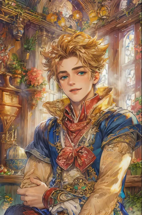 (((Best quality)), ((masterpiece)), (detailed), ((perfect face)), ((halfbody)) handsome face, male, teen boy, perfect proportions , colorful vibe ((character from legend of mana, male version)) wearing head ornament, detailed workshop  interior beside the ...