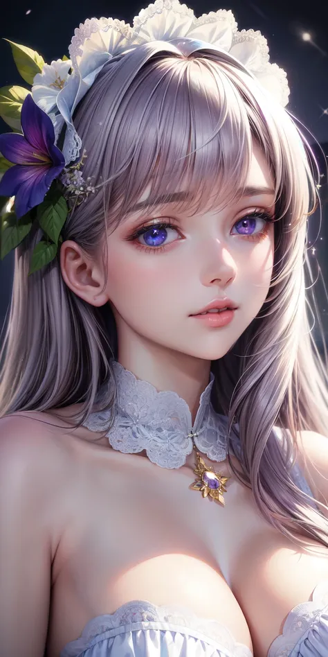 realistic, 1fille, cheveux blancs, yeux violets, yeux brillants, haut court, jupe, parted lips, rougir, nuit, fleurs, soleil, soleillight,