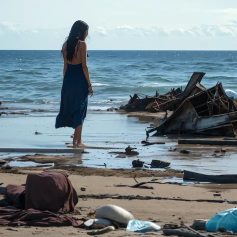 Setting is the shore of a beach, Ship wrecked debris is scattered around. A  woman lays unconscious, and wet just at the waters edge. Her long dark hair messy covering most her face, dress torn and dirty.