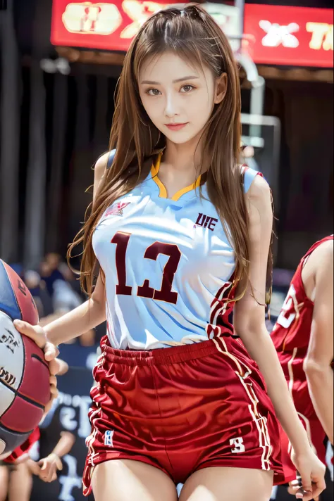 woman playing basketball,long hair,adult、big breasts, look directly into the camera, tight waist,eight-headed body,wearing a tight basketball uniform