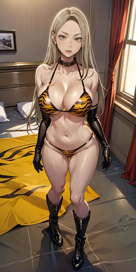 Young woman wearing a yellow tiger bikini print, leather black collar, big knockers cleavage, militar boots, wearing gloves, view to the camera, wide hips, standing on her knees on bed, bedroom background