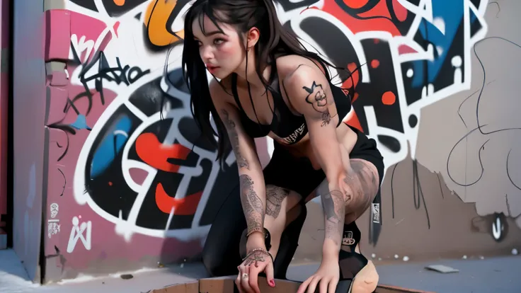 Woman in the alley behind the house、(detailed tattoo) (very detailed)、(8k)、((hip hop fashion))、(graffiti wall)、(full body esbian)、(face with details too detailed) (Fine feet)、(Fine hands)、(Cold face)、(Cross down)