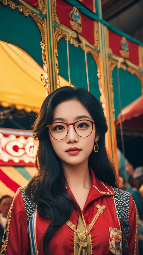 Beautiful portrait of Julia Chan on a whimsical and colorful circus stage, Features intricate details and retro aesthetics, Glasses, Created in the art style of Conrad Rosette and Jeremy Lipkin