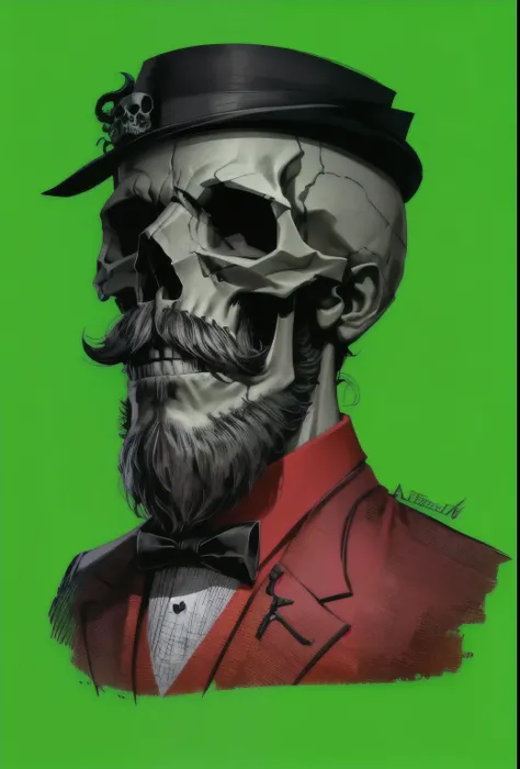 a close up of a skull with a beard and a mustache, Esqueleto in a suit, eerie altamente detalhado, the head of the man is a skull, retrato de um zumbi, his head is a skull, ((skull)), skull like, ( ( ( Esqueleto ) ) ), skull on the screen, esqueleto, [ art...