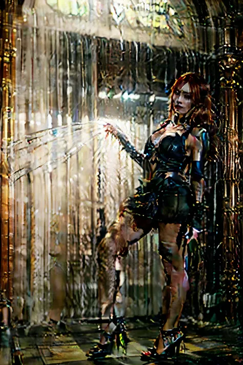 Masterpiece, High detail, Best quality, girl from the photo, in high heels, in a mini skirt and a top, tightly fitting her chest, with bright red hair dancing in a cyberpunk club.