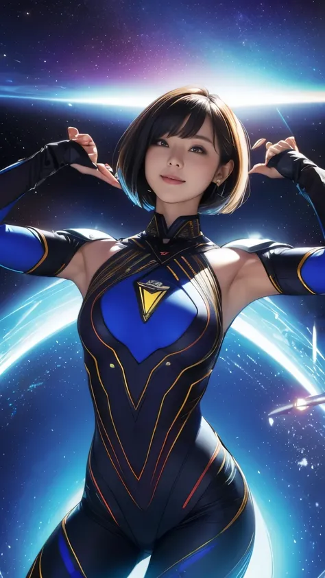 (original photo, best quality), (actual, photorealism:1.3), 1 girl, bob cut、earrings、Smile、actualbody,old space costume、ancient、rock、ancientの儀式、Pyramid shaped UFO flying from space、laser light、 ((13 year old Japanese girl)), ((armpit hair、armpit hairを見せる、r...