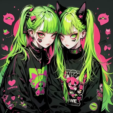 Punk rock emo girl, Neko, wolf girl, long neon green hair in pigtails, tattoo sleeves and piercings, Red eyes, slender, skinny, short,  Harajuku-inspired punk clothes, no twins, one person