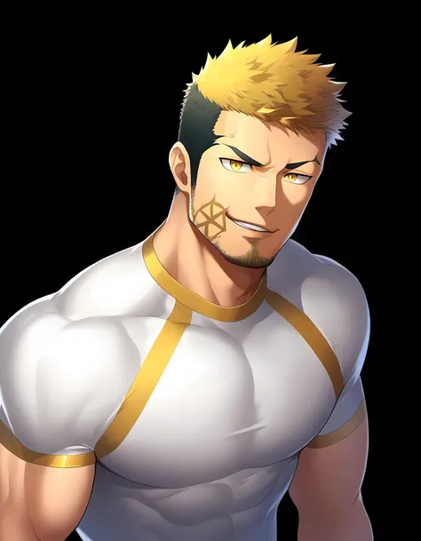 anime characters：Guy, Priapus, 1 young muscular man, male focus, Six pointed star tattoo on face, Sporty black headband, White spandex tight T-shirt, There is milk flowing out of the corner of the mouth., muscular male, muscular, only, Upper body, alone, s...