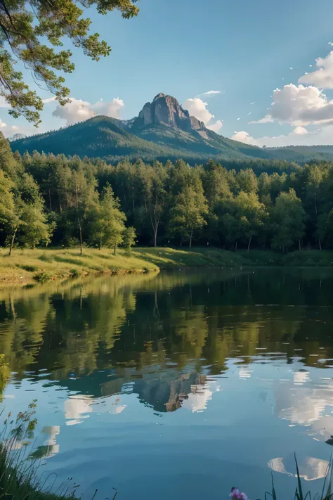 a beautiful, serene landscape in Karelia, Russia, filled with lush greenery and pristine lakes, (best quality, 4k), capturing the essence of this picturesque region. The scene showcases the breathtaking view of the vast, rolling hills covered in vibrant gr...