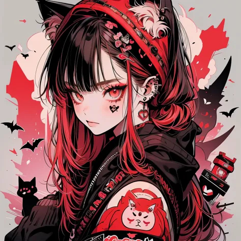 Punk rock emo girl, Neko, wolf girl, long neon   red hair in pigtails, tattoo sleeves and piercings, Red eyes, slender, skinny, short,  Harajuku-inspired hooded kimono, twins