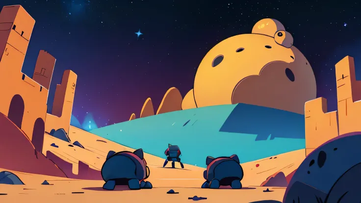 desolate planet, hot desert, cartoon night sky starry sky, galaxy, Desolate and destroyed figures in the distance, Destroyed moon blue background,There is a black cartoon duel field in the middle，There are a bunch of crazy cartoon samurai around