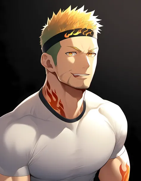 anime characters：Guy, Priapus, 1 young muscular man, male focus, Flame tattoo, Sporty black headband, White spandex tight T-shirt, There is milk flowing out of the corner of the mouth., muscular male, muscular, only, Upper body, alone, short yellow hair, s...