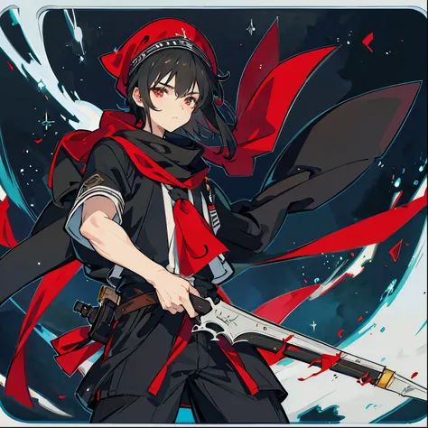 black hair，boy，wearing a bandana on his head，Assassin Wind，black clothes