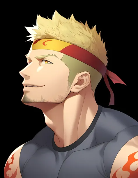 anime characters：Guy, Priapus, 1 young muscular man, male focus, Flame tattoo, Sporty black headband, Dark gray spandex tight T-shirt, There is milk flowing out of the corner of the mouth., muscular male, muscular, only, Upper body, alone, short yellow hai...