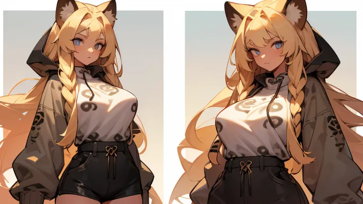 Masterpiece, DETAILED FACE, perfect eyes, masterpiece, 1girl, mature woman, tall, strong, thick body, 8k, longe blonde hair, hybrid jaguar human, jaguar ears, tanned skin, ((multiple views)), perfect eyes, wearing shorts, wearing a big hoodie,