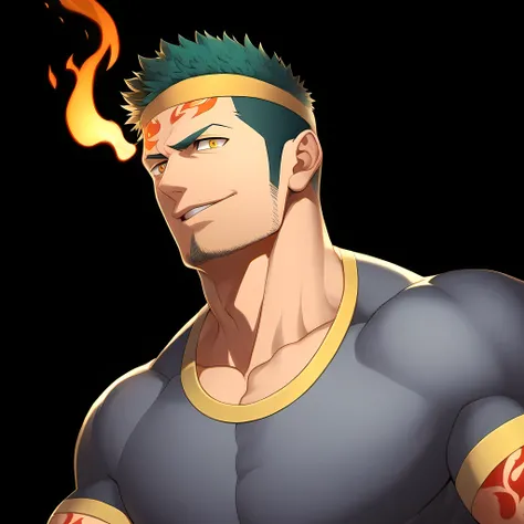 anime characters：Guy, Priapus, 1 young muscular man, male focus, Flame tattoo, Sporty black headband, Dark gray spandex tight T-shirt, muscular male, muscular, only, Upper body, alone, short yellow hair, stubble, yellow eyes, black background, simple backg...