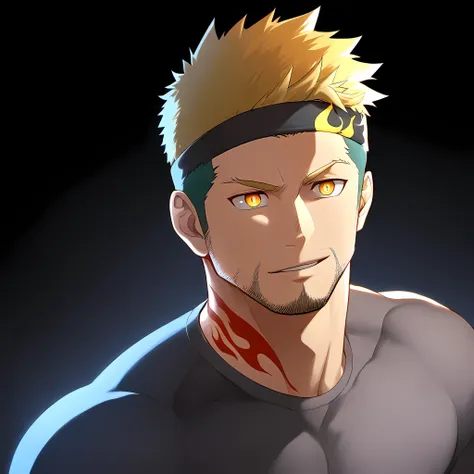 anime characters：Guy, Priapus, 1 young muscular man, male focus, Flame tattoo, Sporty black headband, Dark gray spandex tight T-shirt, muscular male, muscular, only, Upper body, alone, short yellow hair, stubble, yellow eyes, black background, simple backg...