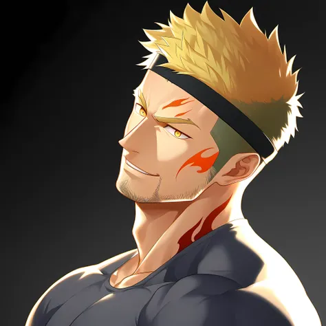 anime characters：Guy, Priapus, 1 young muscular man, male focus, Flame tattoo, Sporty black headband, Dark gray spandex tight T-shirt, muscular male, muscular, only, Upper body, alone, short yellow hair, stubble, yellow eyes, black background, simple backg...