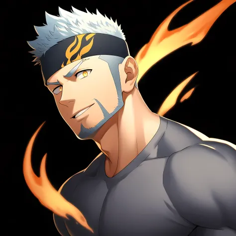 anime characters：Guy, Priapus, 1 young muscular man, male focus, Flame tattoo, Sporty black headband, Dark gray spandex tight T-shirt, muscular male, muscular, only, Upper body, alone, white short hair, stubble, yellow eyes, black background, simple backgr...