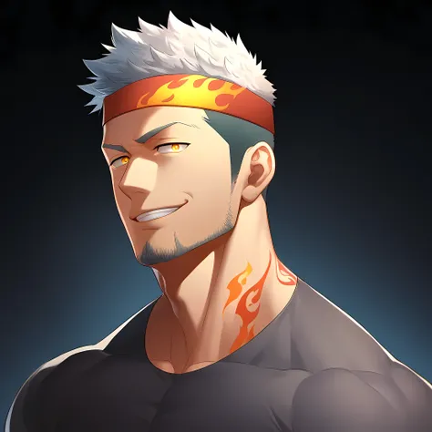 anime characters：Guy, Priapus, 1 young muscular man, male focus, Flame tattoo, Sporty black headband, Dark gray spandex tight T-shirt, muscular male, muscular, only, Upper body, alone, white short hair, stubble, yellow eyes, black background, simple backgr...