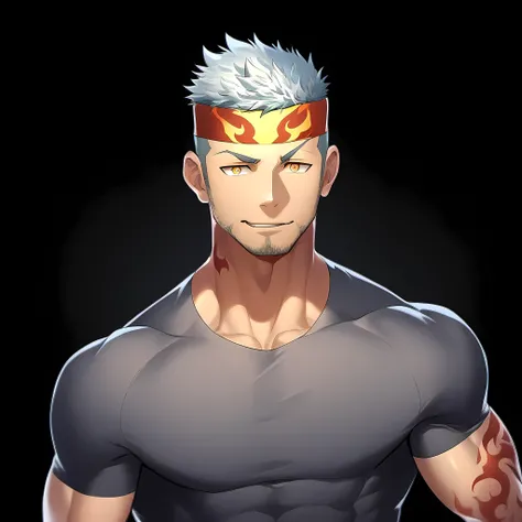 anime characters：Guy, Priapus, 1 young muscular man, male focus, Flame tattoo, Sporty black headband, Dark gray spandex tight T-shirt, muscular male, muscular, only, Upper body, alone, white short hair, stubble, yellow eyes, black background, simple backgr...