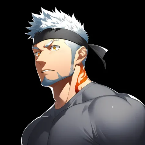 anime characters：Guy, Priapus, 1 young muscular man, male focus, Flame tattoo, Sporty black headband, Dark gray spandex tight T-shirt, muscular male, muscular, only, Upper body, alone, white short hair, stubble, yellow eyes, black background, simple backgr...