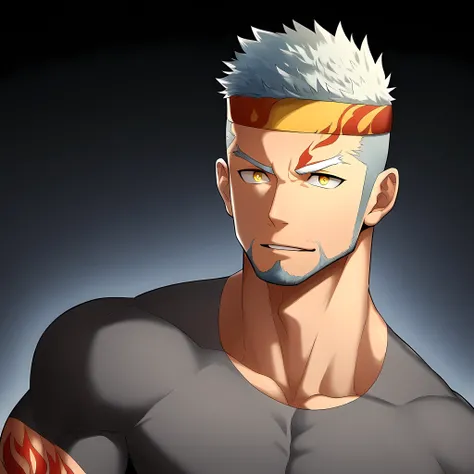 anime characters：Guy, Priapus, 1 young muscular man, male focus, Flame tattoo, Sporty black headband, Dark gray spandex tight T-shirt, muscular male, muscular, only, Upper body, alone, white short hair, stubble, yellow eyes, black background, simple backgr...