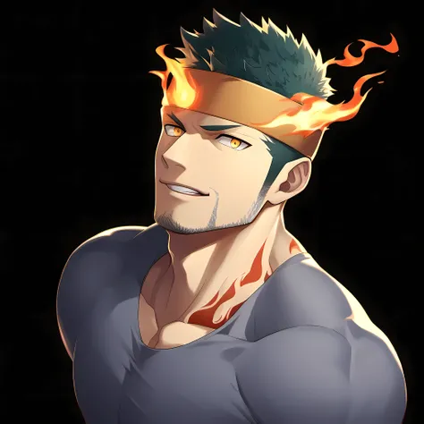 anime characters：Guy, Priapus, 1 young muscular man, male focus, Flame tattoo, Sporty black headband, Dark gray spandex tight T-shirt, muscular male, muscular, only, Upper body, alone, white short hair, stubble, yellow eyes, black background, simple backgr...